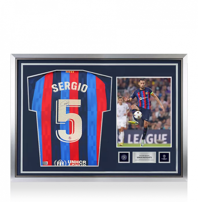 icons Sergio Busquets Official UEFA Champions League Back Signed and Hero Framed FC Barcelona 2022-23 Home Shirt