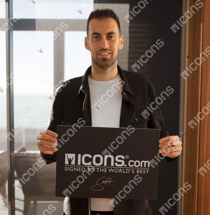 Icons Sergio Busquets Signed FC Barcelona Photo In Black Wooden Frame: Camp Nou Legend