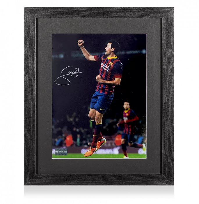 icons Sergio Busquets Signed FC Barcelona Photo In Black Wooden Frame: Camp Nou Legend