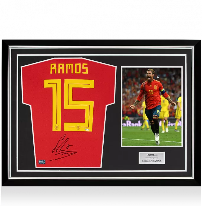 icons Sergio Ramos Back Signed Spain 2018 Home Shirt In Hero Frame: Option 1