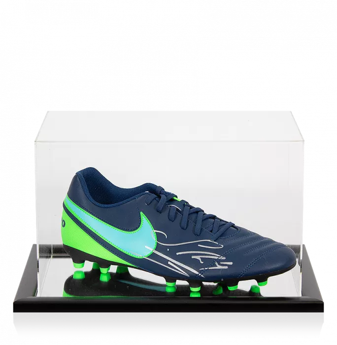 Icons Sergio Ramos Signed Blue And Lime Green Nike Tiempo Boot In Acrylic Case