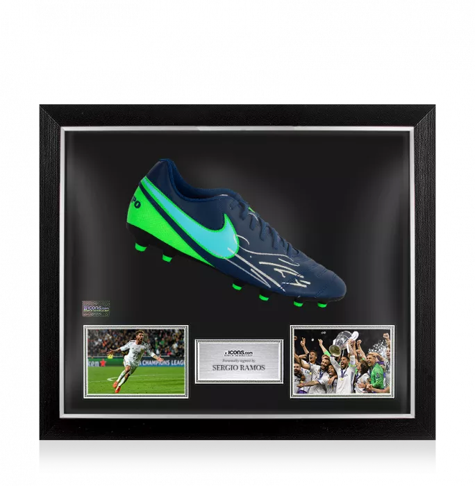 icons Sergio Ramos Signed Blue and Lime Green Nike Tiempo Boot In Bubble Frame: Option 1
