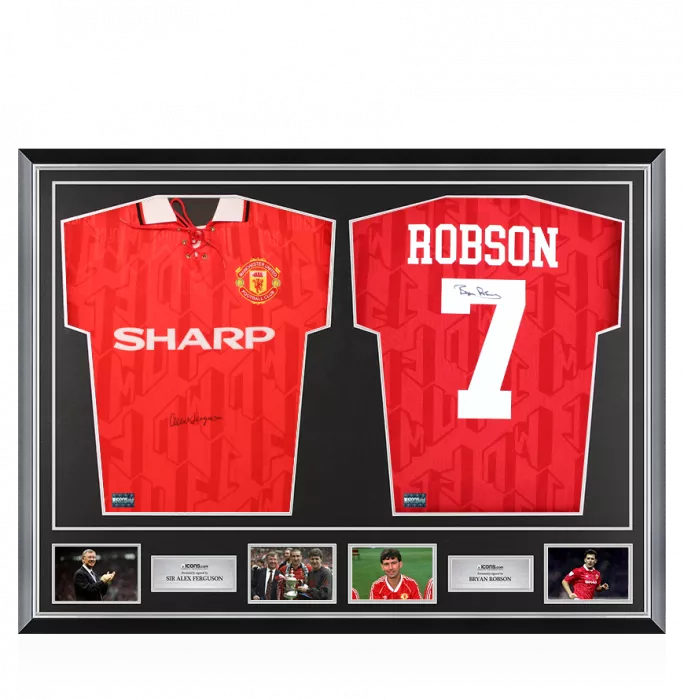 icons Sir Alex Ferguson & Bryan Robson Signed Manchester United Shirts In Classic Dual Frame