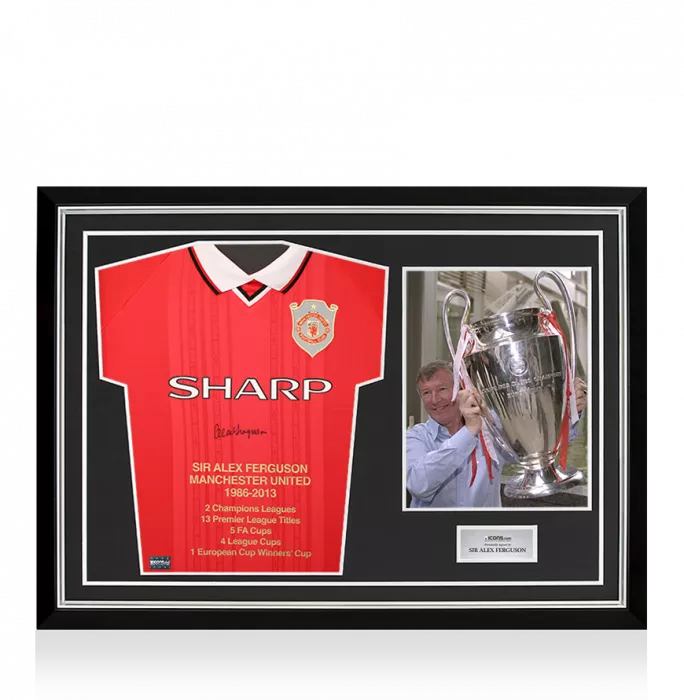 icons Sir Alex Ferguson Front Signed Manchester United 1999 UEFA Champions League Home Shirt In Hero Frame: Option 1 - Stats Edition