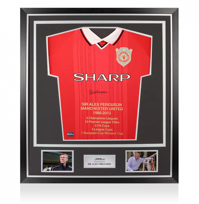 icons Sir Alex Ferguson Front Signed Manchester United 1999 UEFA Champions League Home Shirt In Classic Frame - Stats Edition