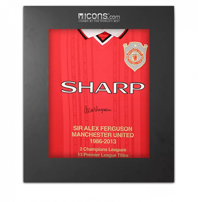 icons Sir Alex Ferguson Front Signed Manchester United 1999 UEFA Champions League Home Shirt In Deluxe Packaging - Stats Edition