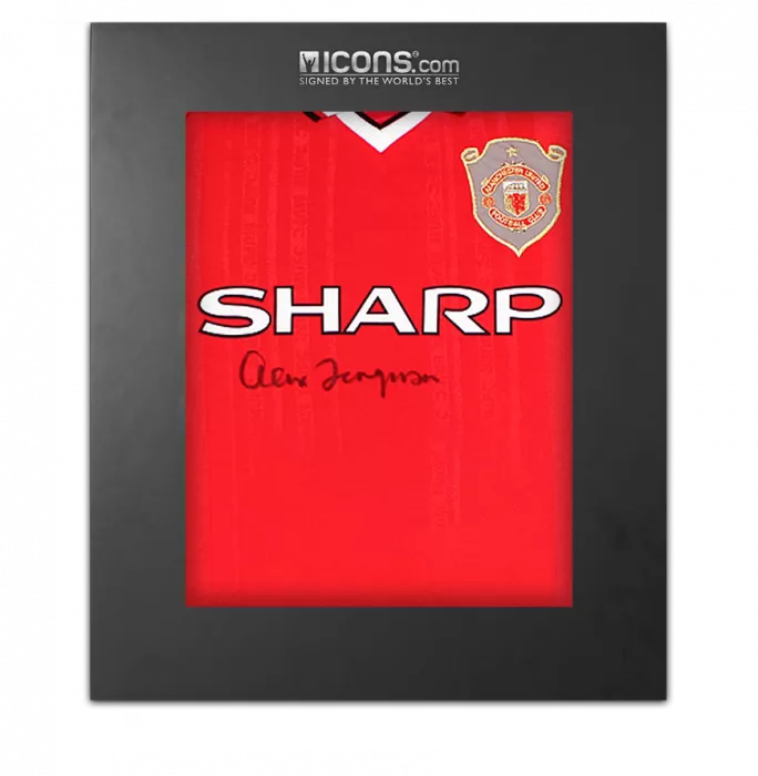 icons Sir Alex Ferguson Front Signed Manchester United 1999 UEFA Champions League Shirt In Deluxe Packaging