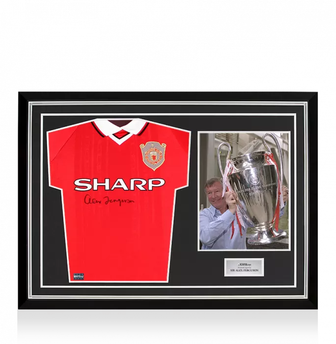 icons Sir Alex Ferguson Front Signed Manchester United 1999 UEFA Champions League Shirt In Hero Frame: Option 1