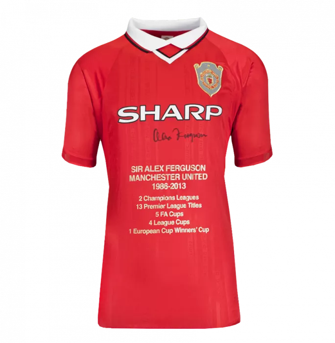 icons Sir Alex Ferguson Front Signed Manchester United 1999 UEFA Champions League Shirt - Stats Edition