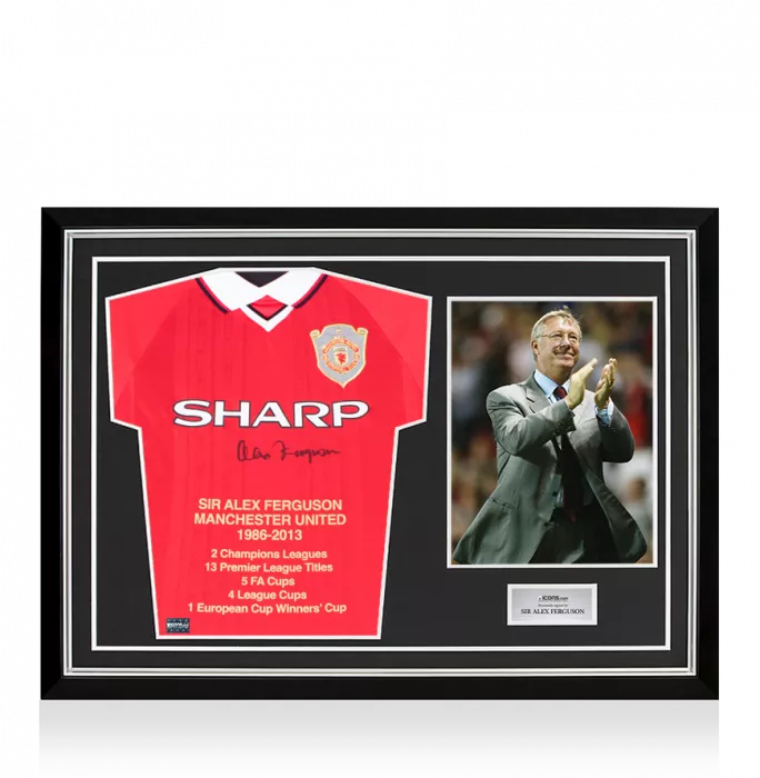 icons Sir Alex Ferguson Front Signed Manchester United 1999 UCL Final Shirt: Stats Edition In Hero Frame: Option 1