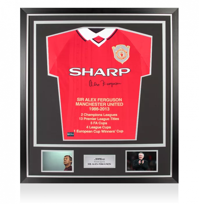 icons Sir Alex Ferguson Front Signed Manchester United 1999 UCL Final Shirt: Stats Edition In Classic Frame