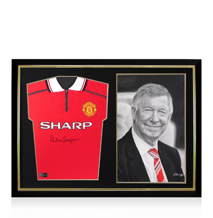 icons Sir Alex Ferguson Front Signed Manchester United 1999 League Shirt and Original Artwork In Hero Frame: Limited Edition 1/1