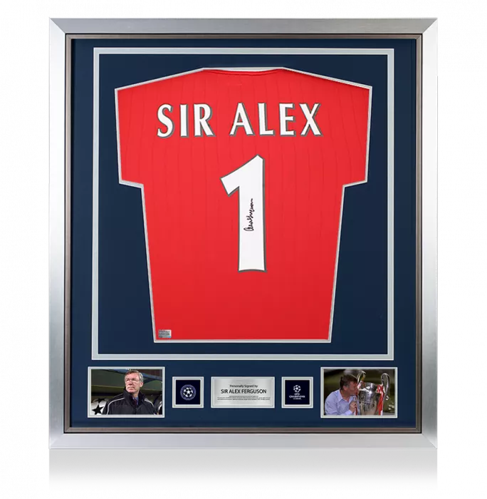icons Sir Alex Ferguson Official UEFA Champions League Ferguson Back Signed and Framed Manchester United 2022-23 Home Shirt