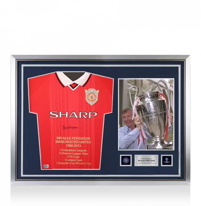 icons Sir Alex Ferguson Official UEFA Champions League Front Signed and Hero Framed Manchester United 1999 UEFA Champions League Home Shirt - Stats Edition