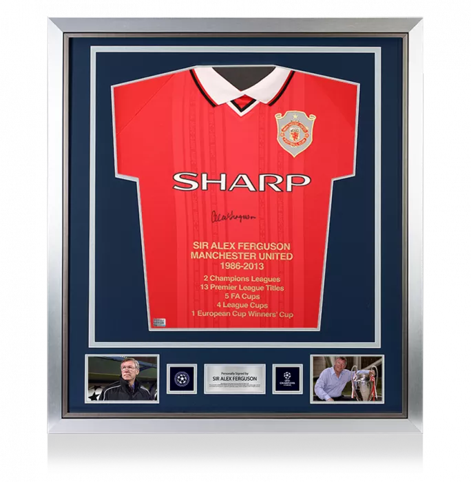 icons Sir Alex Ferguson Official UEFA Champions League Front Signed and Framed Manchester United 1999 UEFA Champions League Home Shirt - Stats Edition