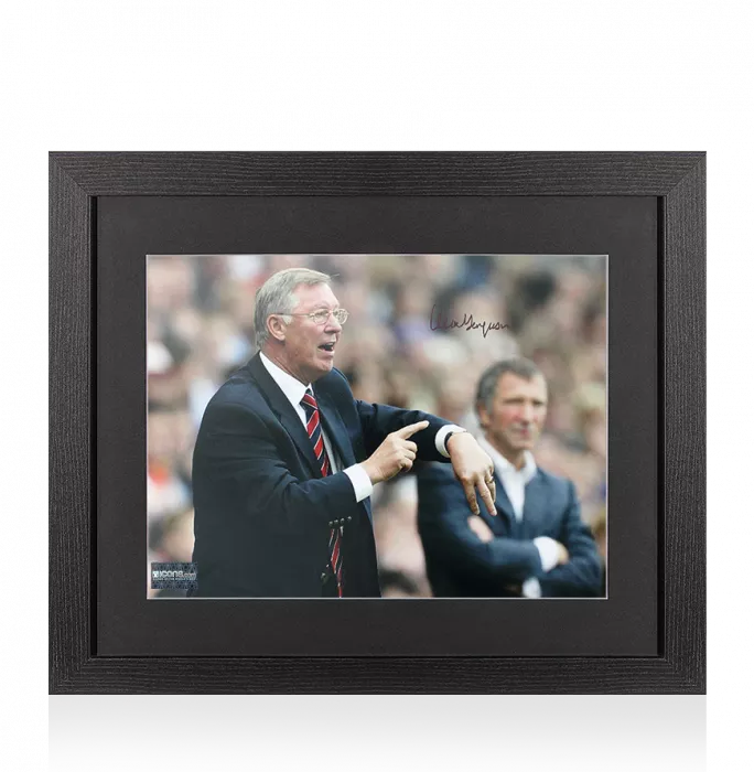 icons Sir Alex Ferguson Signed Manchester United Photo In Black Wooden Frame: Fergie Time