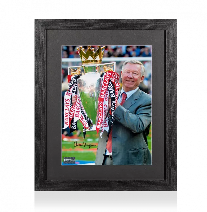 icons Sir Alex Ferguson Signed Photo In Black Wooden Frame: Premier League Trophy