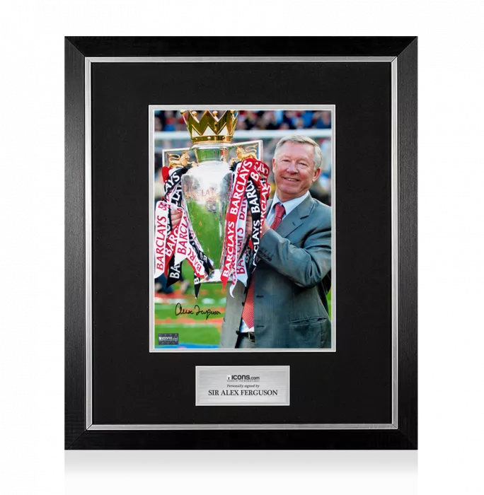 icons Sir Alex Ferguson Signed Photo In Premium Photo Frame: Premier League Trophy