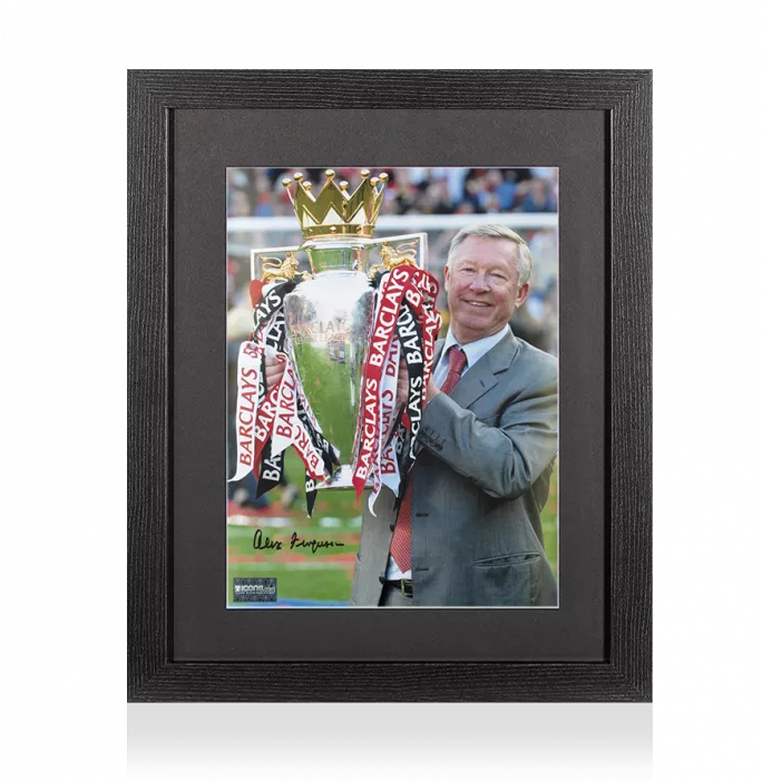 Icons Sir Alex Ferguson Signed Photo: Premier League Trophy In Black Wooden Frame