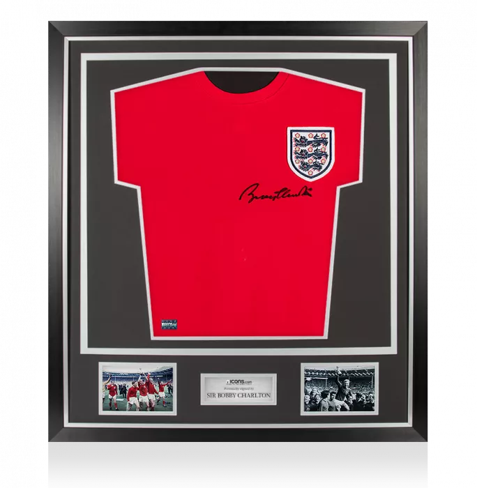 icons Sir Bobby Charlton Front Signed England 1966 Shirt In Classic Frame: Three Lions Edition