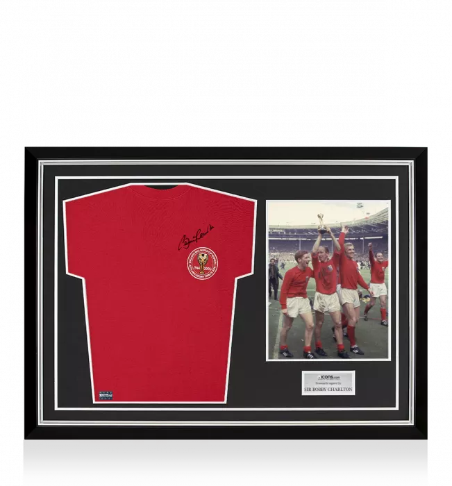 icons Sir Bobby Charlton Front Signed England 1966 Shirt: 40th Anniversary Special Edition Home Shirt In Hero Frame: Option 1