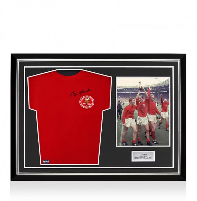Icons Sir Bobby Charlton Front Signed England Home Shirt 1966 (2006 Anniversary) In Hero Frame: Option 1