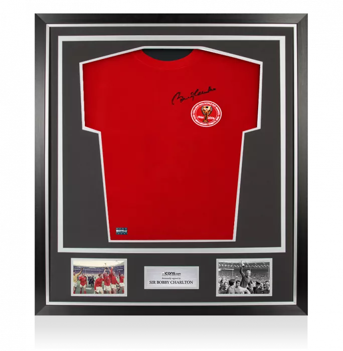 icons Sir Bobby Charlton Front Signed England Home Shirt 1966 (2006 Anniversary) In Classic Frame