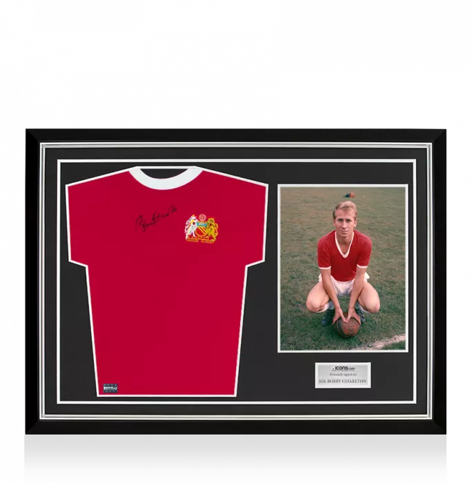 Icons Sir Bobby Charlton Front Signed Retro Manchester United Home Shirt Home Shirt In Hero Frame: Option 1