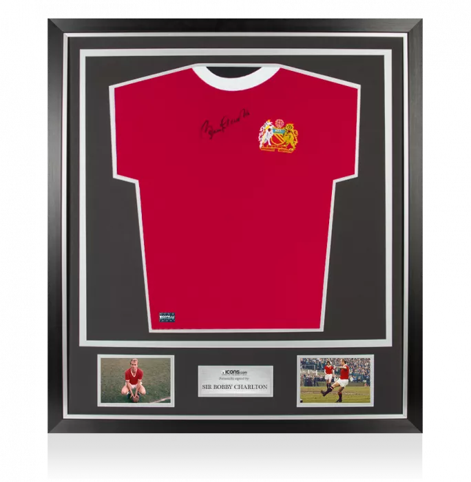 icons Sir Bobby Charlton Front Signed Retro Manchester United Home Shirt In Classic Frame
