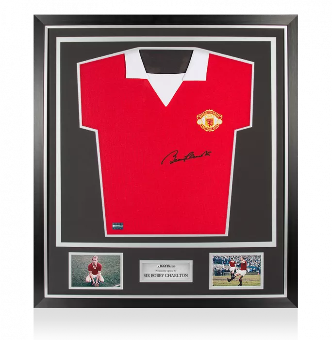 icons Sir Bobby Charlton Front Signed Retro Manchester United Shirt In Classic Frame