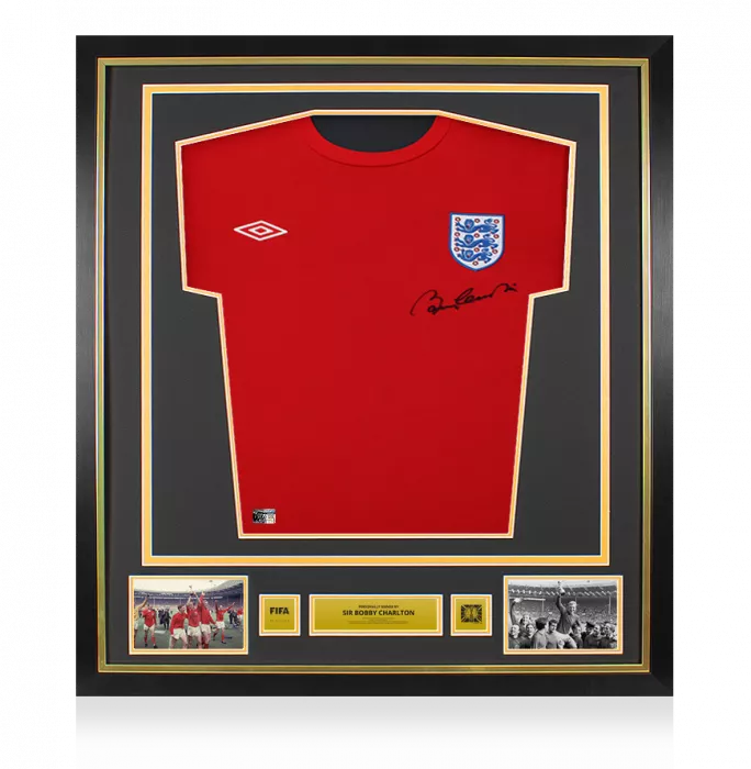 Icons Sir Bobby Charlton Official 1966 FIFA World Cup™ Front Signed And Framed England T-Shirt