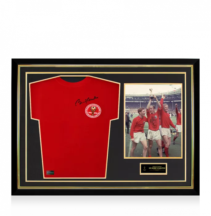 Icons Sir Bobby Charlton Official Ballon D'Or™ Front Signed And Hero Framed England Home Shirt 1966 (2006 Anniversary)