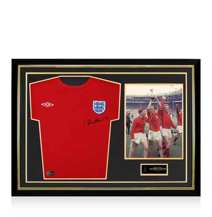 icons Sir Bobby Charlton Official Ballon d'Or™ Front Signed and Hero Framed England T-Shirt