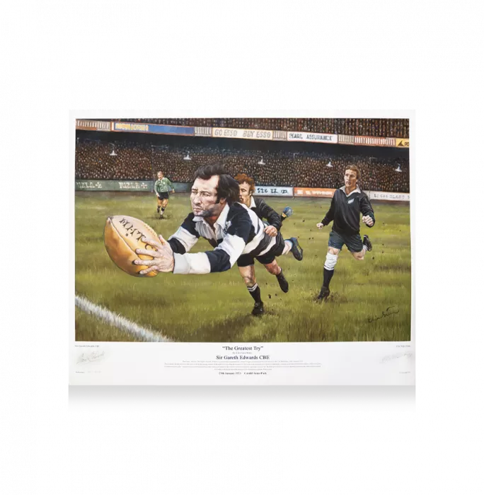 Icons Sir Gareth Edwards CBE Signed And Framed Print: The Greatest Try