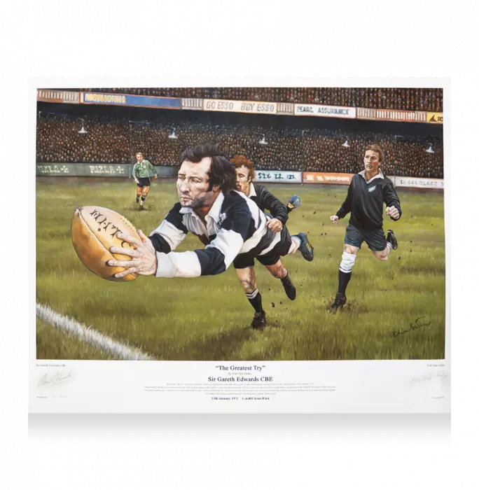 icons Sir Gareth Edwards CBE Signed and Framed Print: The Greatest Try - Large