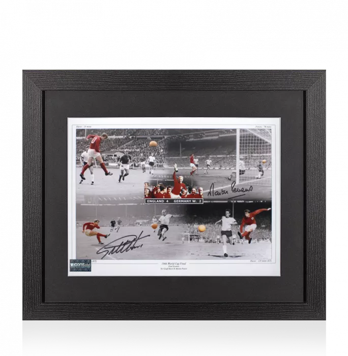 icons Sir Geoff Hurst and Martin Peters Signed England Photo In Black Wooden Frame: 1966 World Cup Final 4-2 Goal Montage