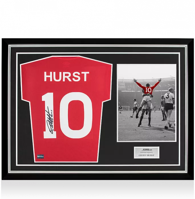 Icons Sir Geoff Hurst Back Signed Retro England Away Shirt In Hero Frame: Option 1