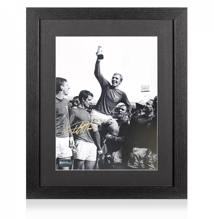 icons Sir Geoff Hurst Gold Signed England Photo In Black Wooden Frame: 1966 FIFA World Cup Winner
