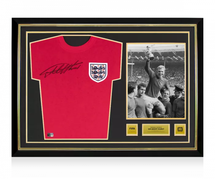icons Sir Geoff Hurst Official 1966 FIFA World Cup™ Front Signed and Hero Framed Score Draw England 1966 Away Shirt