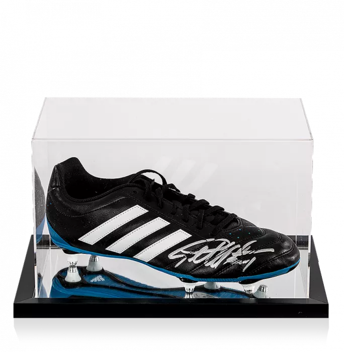 icons Sir Geoff Hurst Signed Black and Blue Adidas Boot In Acrylic Case