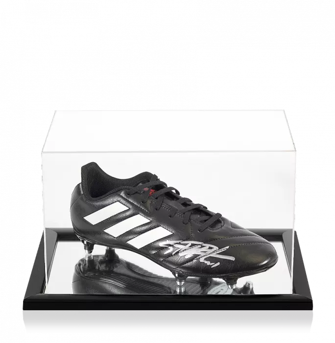icons Sir Geoff Hurst Signed Black and White Adidas Football Boot In Acrylic Case