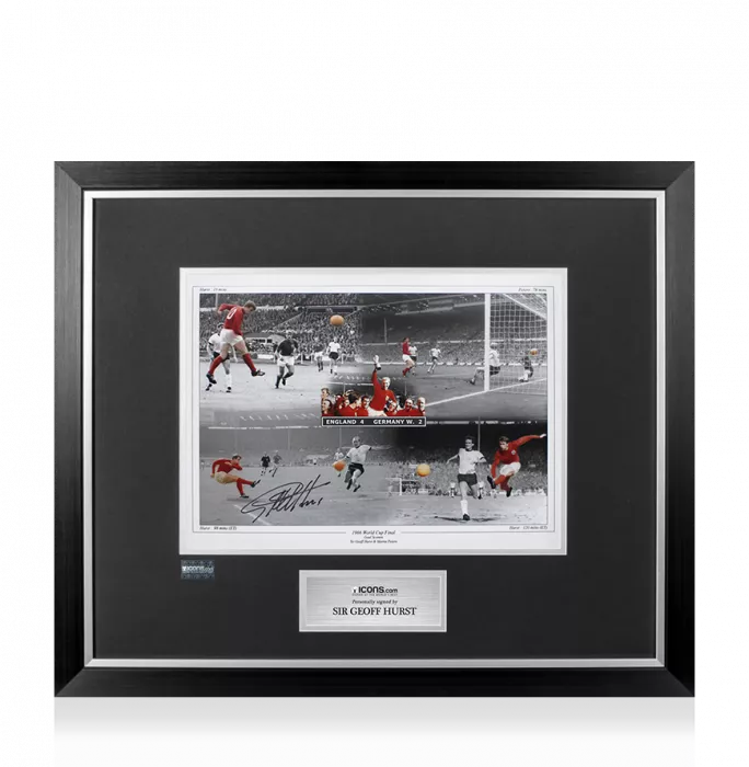 Icons Sir Geoff Hurst Signed England Photo In Premium Photo Frame: 1966 World Cup Final 4-2 Goal Montage