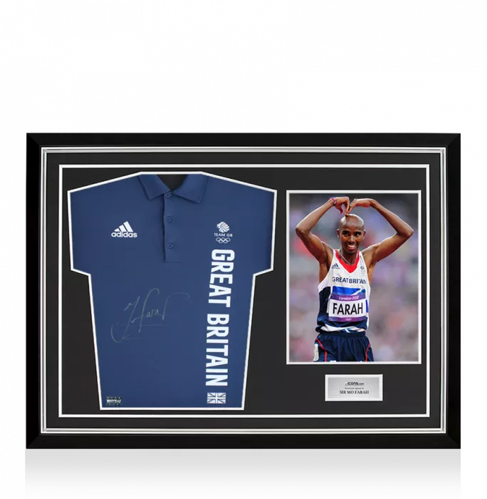 icons Sir Mo Farah Front Signed adidas Team GB Polo Shirt In Hero Frame: Option 1