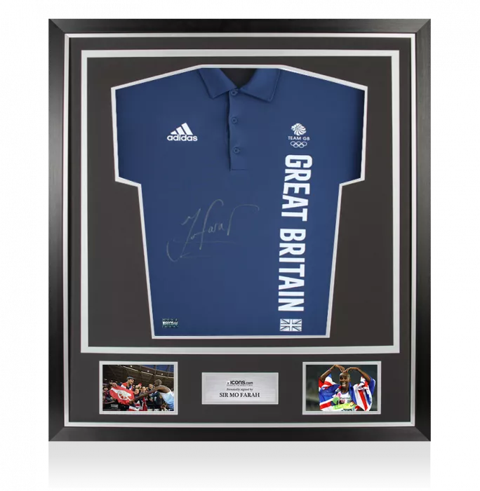 icons Sir Mo Farah Front Signed adidas Team GB Polo Shirt In Classic Frame