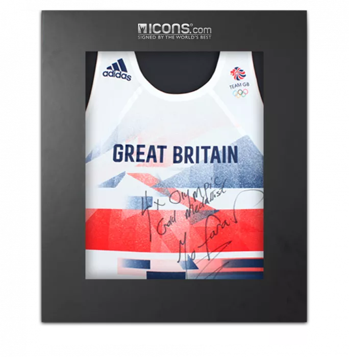 icons Sir Mo Farah Front Signed Team GB Running Vest In Deluxe Packaging: "4x Olympic Gold Medallist" Inscription