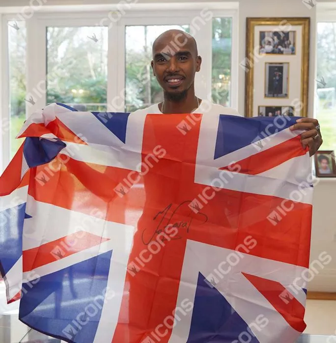 Icons Sir Mo Farah Signed And Framed Union Jack Flag
