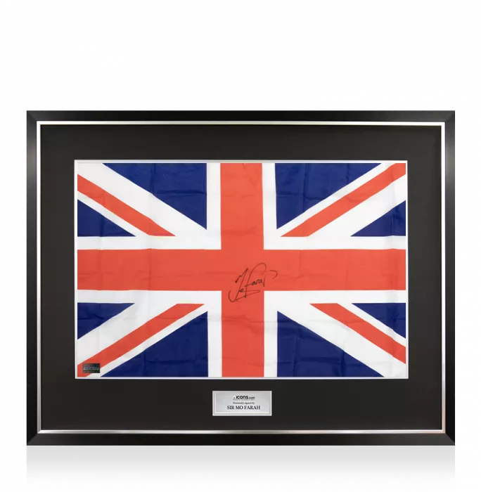 icons Sir Mo Farah Signed and Framed Union Jack Flag
