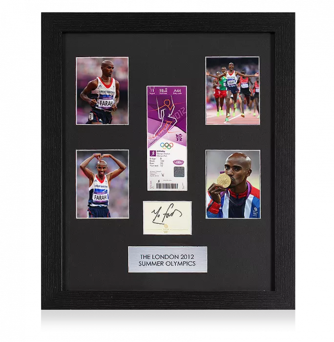 icons Sir Mo Farah Signed Card & London 2012 Olympics Ticket Frame