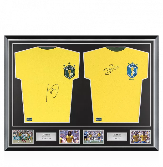 Icons Socrates & Zico Signed Brazil 1982 Shirts In Classic Dual Frame