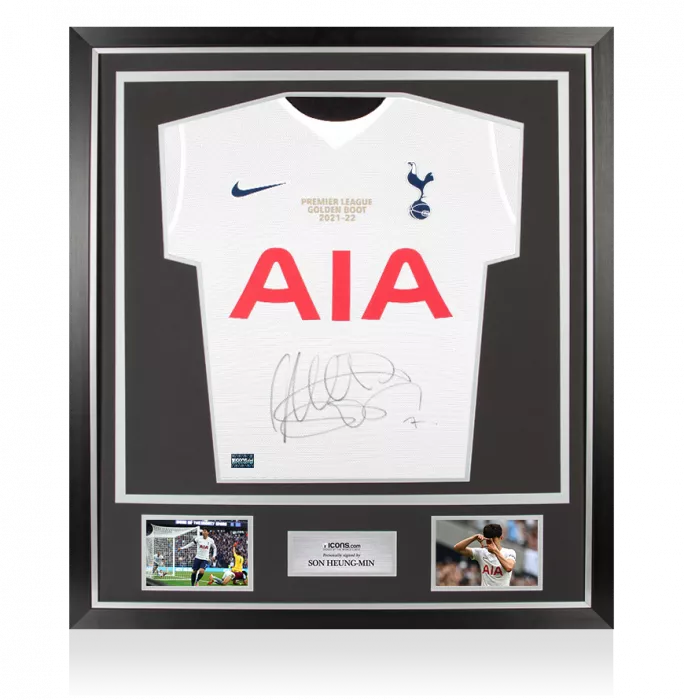 icons Son Heung-min Front Signed Tottenham Hotspur 2021-22 Home Shirt: 2021-22 Premier League Golden Boot Edition In Classic Frame